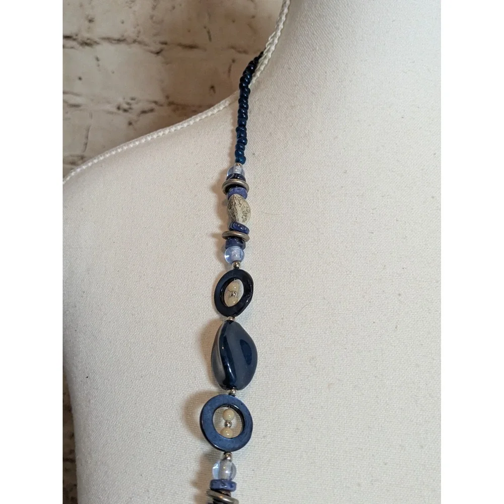 Long Artsy Beaded Necklace In Midnight Blue & Earthy Cream Colors Abstract 32
